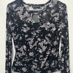 Almost Famous black sheer blouse, dragon print, adjustable front scrunch, Large